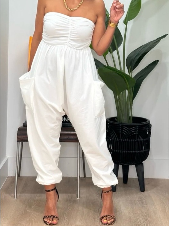 BUCKETLIST Pants - BUCKETLIST White Strapless Ruched “Bowie” Bodice Jumpsuit with Pockets